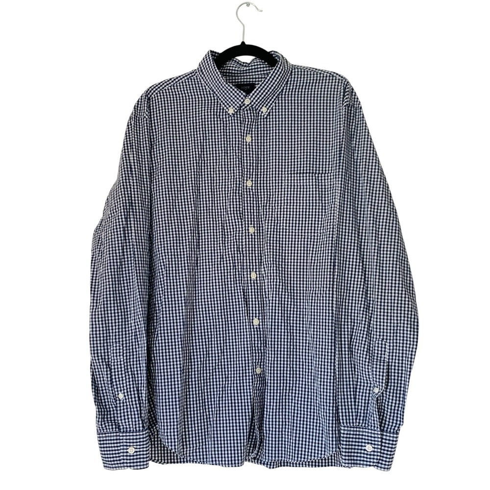 J Crew Gingham Button Down Shirt Men XL Navy Blue Cotton Coastal Quiet Luxury
